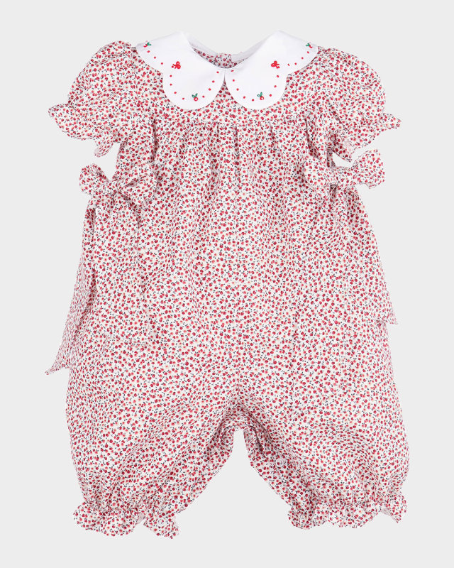 Girl's Floral Scalloped Collar Short-Sleeve Jumpsuit, Size 6M-18